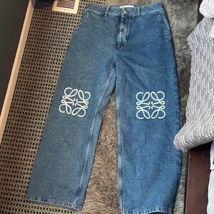 Blue Denim Jeans with White Embroidery Loewe